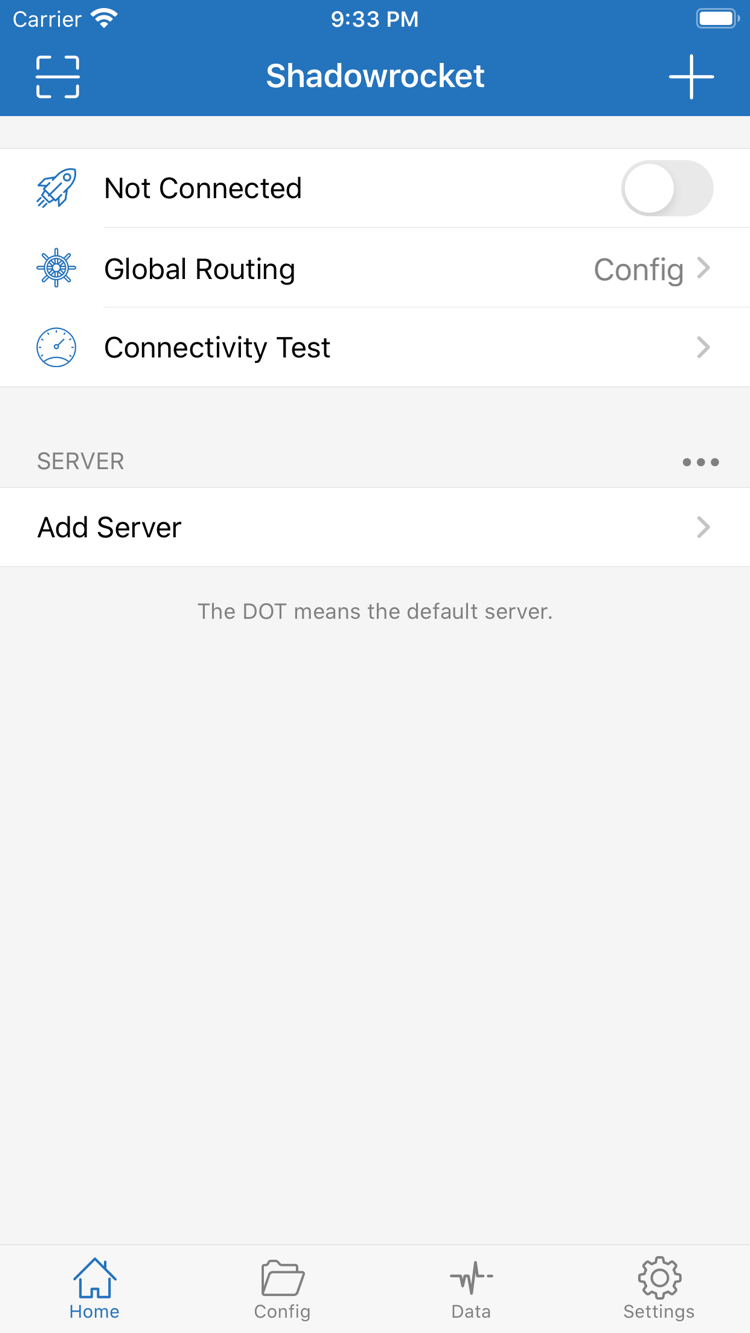 Official Shadowrocket Home screenshot showing the Not Connected switch, Global Routing, Connectivity Test, SERVER group, and Add Server