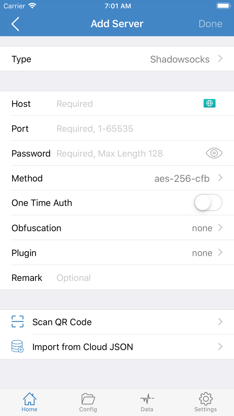 Official Shadowrocket Add Server screenshot showing Type, Host, Port, Password, Method, Scan QR Code, and Import from Cloud JSON